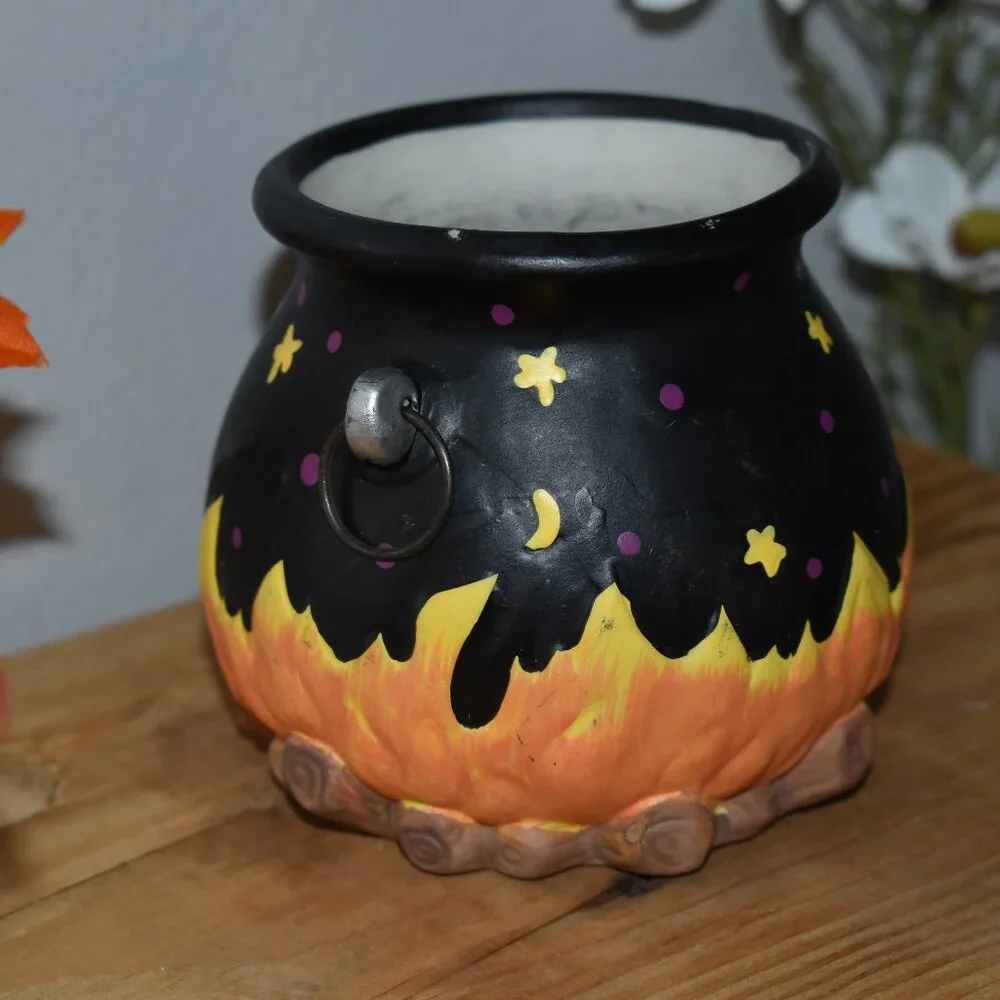 Vintage Ceramic Stars Moon Witch Cauldron Candle Holder Fall Halloween Decor